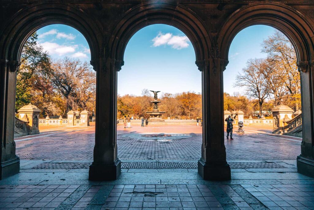 Looking out from Central Park’s Bethesda Terrace on the stunning Bethesda Fountain in autumn